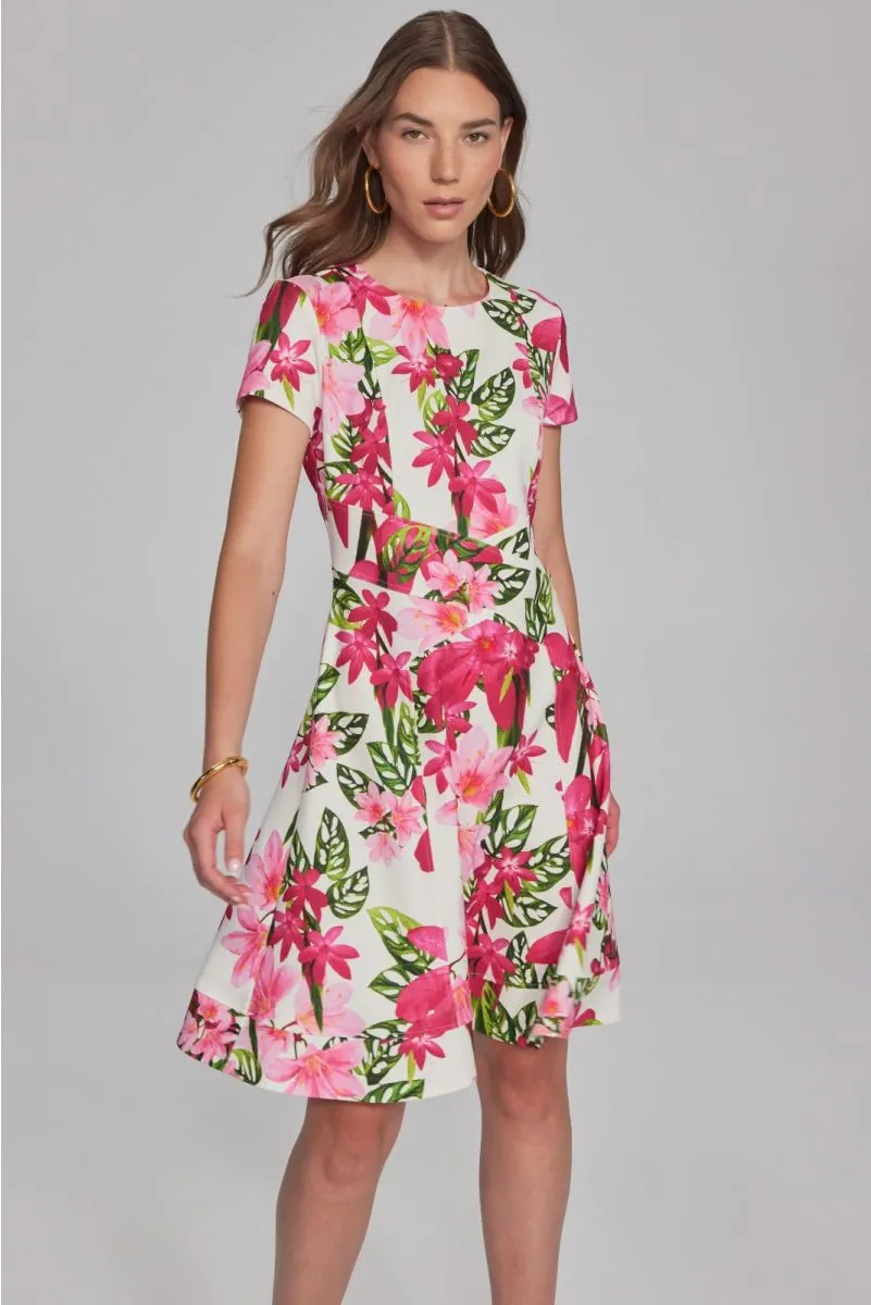 Joseph Ribkoff Vanilla/Multi Floral Print Short Sleeve Fit and Flare Dress 241789