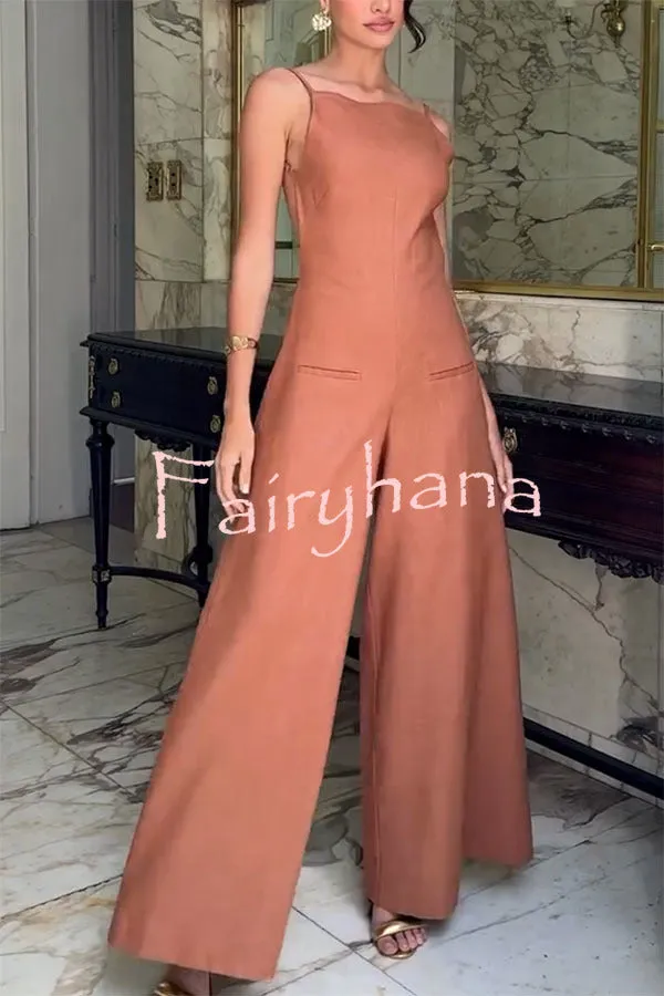 Kelso Linen Blend Square Neck Pocketed Backless Wide Leg Jumpsuit