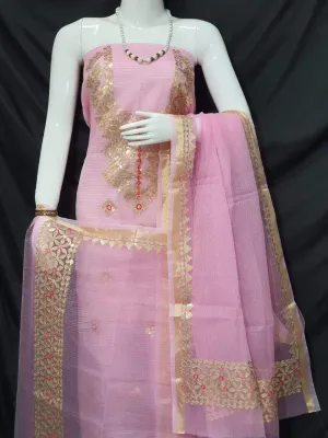 Kota Doria Embroidered Suit In Light Pink