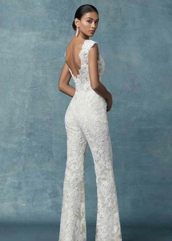 Lace Bridal jumpsuit Wedding pants dress Appliques Lace