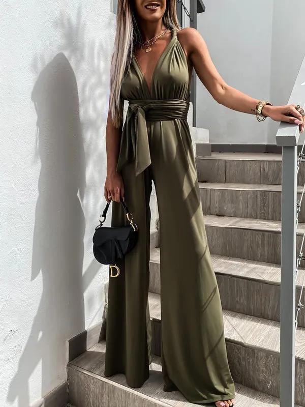 Lace-Up Plunging Solid Color Empire Sleeveless V-neck Jumpsuits