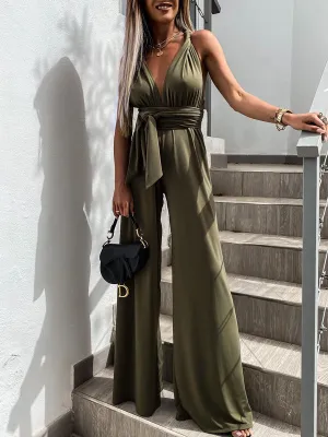 Lace-Up Plunging Solid Color Empire Sleeveless V-neck Jumpsuits