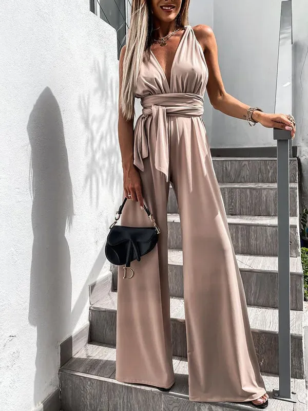 Lace-Up Plunging Solid Color Empire Sleeveless V-neck Jumpsuits