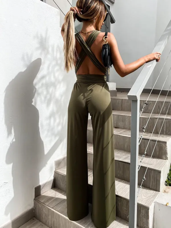 Lace-Up Plunging Solid Color Empire Sleeveless V-neck Jumpsuits