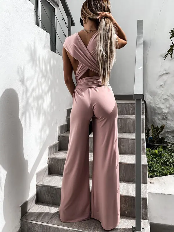 Lace-Up Plunging Solid Color Empire Sleeveless V-neck Jumpsuits