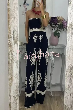 Larsen Ethnic Print Off Shooulder Smocked Bust Pocketed Jumpsuit