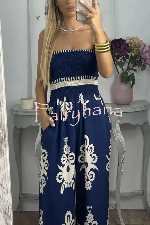 Larsen Ethnic Print Off Shooulder Smocked Bust Pocketed Jumpsuit