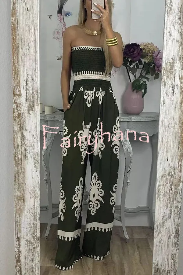 Larsen Ethnic Print Off Shooulder Smocked Bust Pocketed Jumpsuit