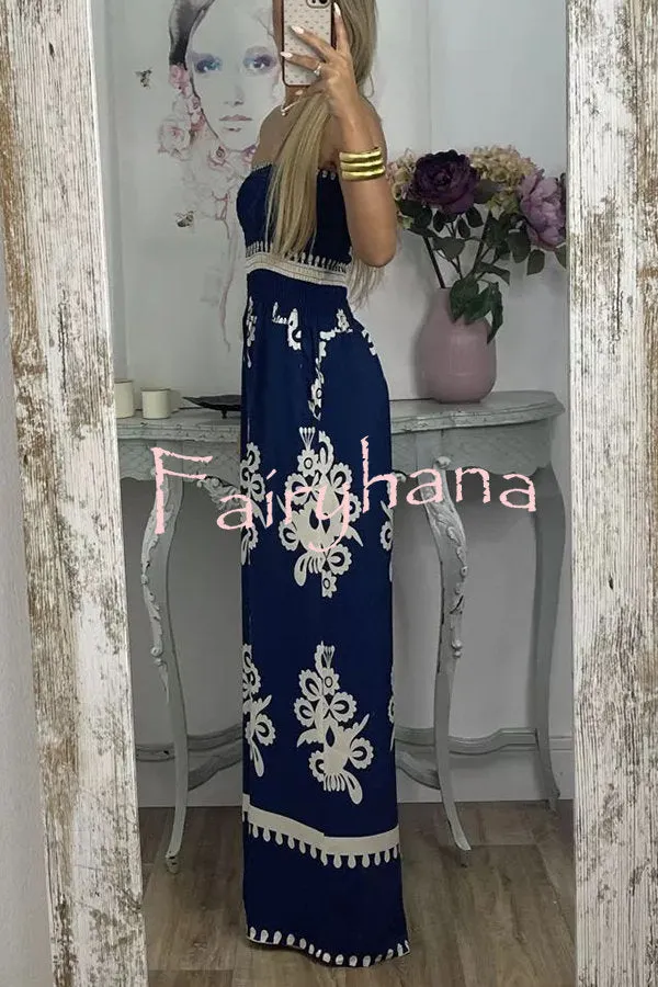 Larsen Ethnic Print Off Shooulder Smocked Bust Pocketed Jumpsuit