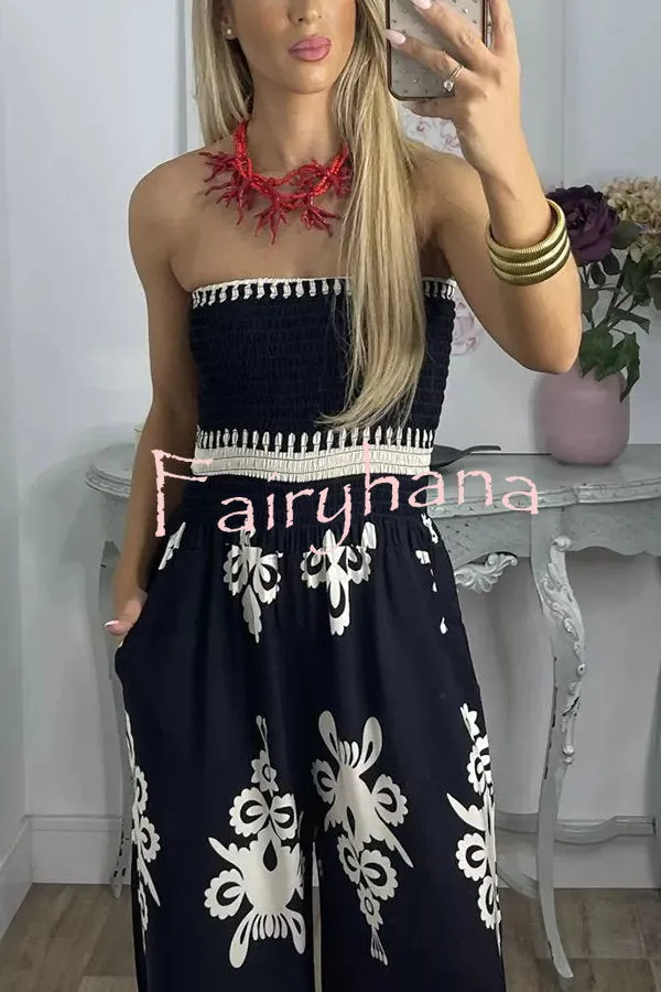Larsen Ethnic Print Off Shooulder Smocked Bust Pocketed Jumpsuit