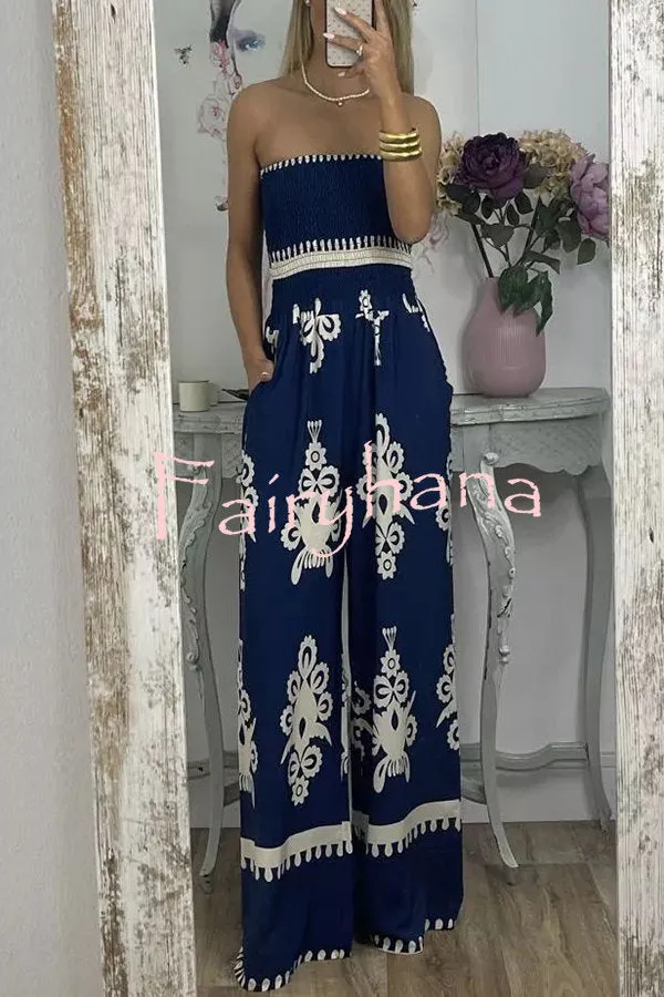 Larsen Ethnic Print Off Shooulder Smocked Bust Pocketed Jumpsuit
