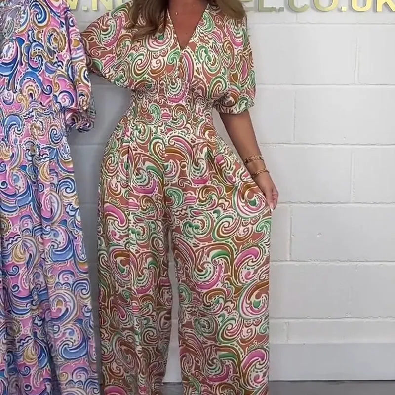 💖LAST DAY SALE 50% OFF💖Women's V-Neck Printed Short-Sleeve Jumpsuits