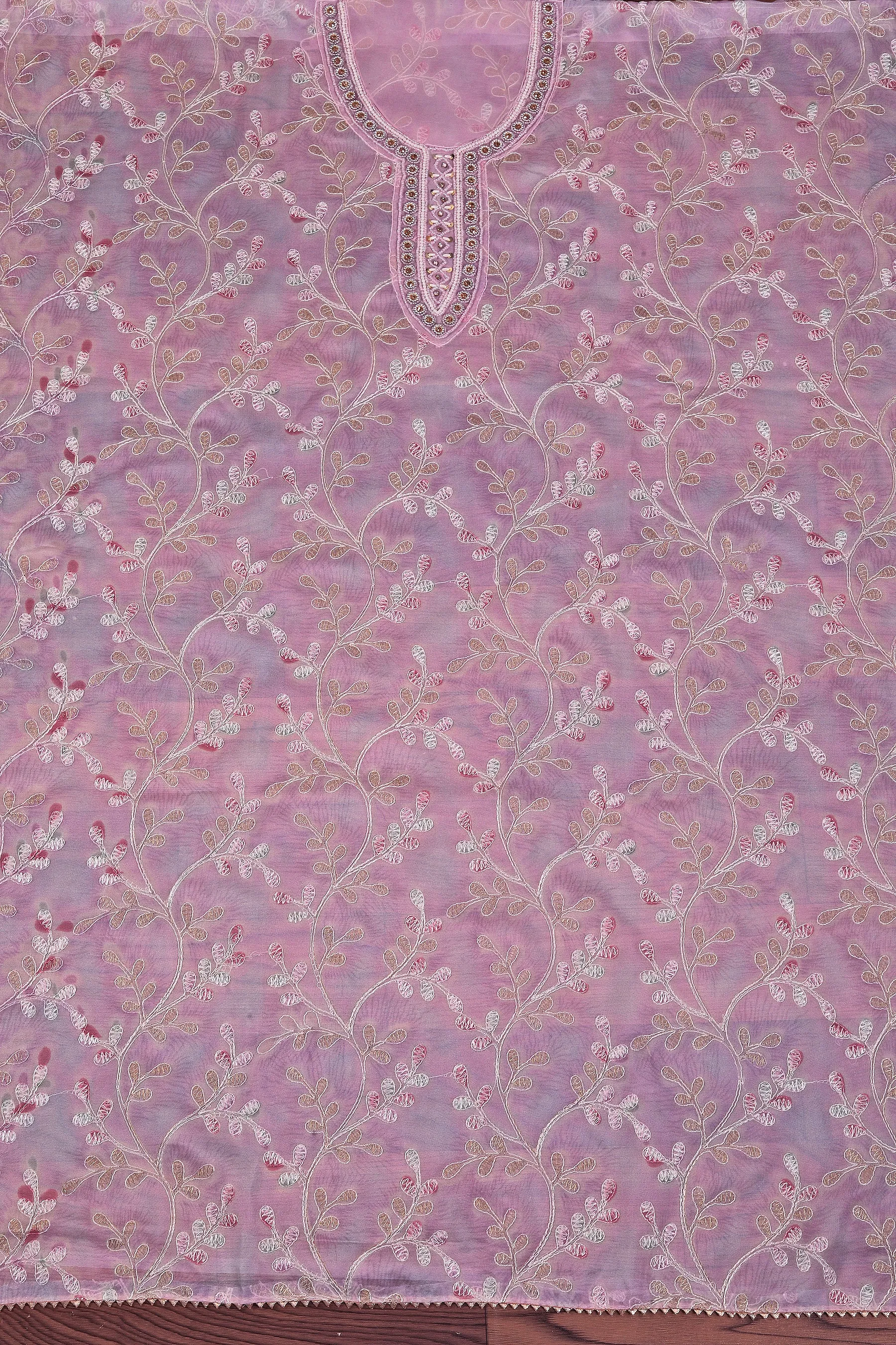 Lavender Organza Embellished Dress Material With Dupatta