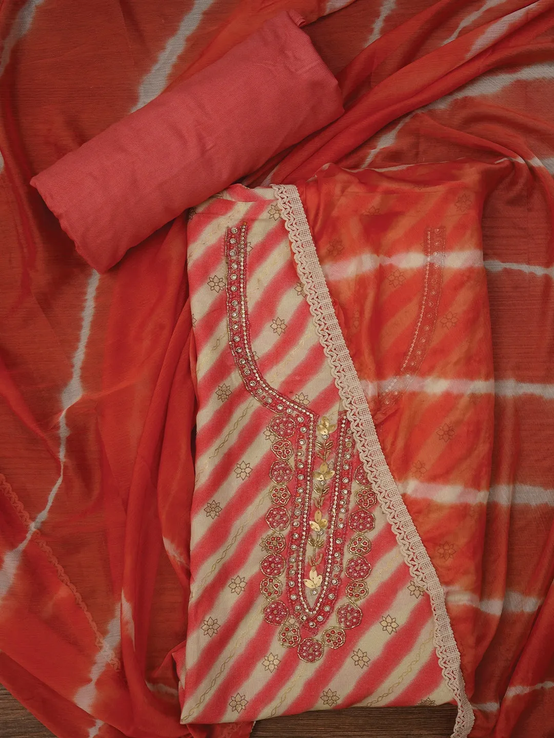 Leheriya Printed Embroidered Multicolor Dress Material with Dupatta