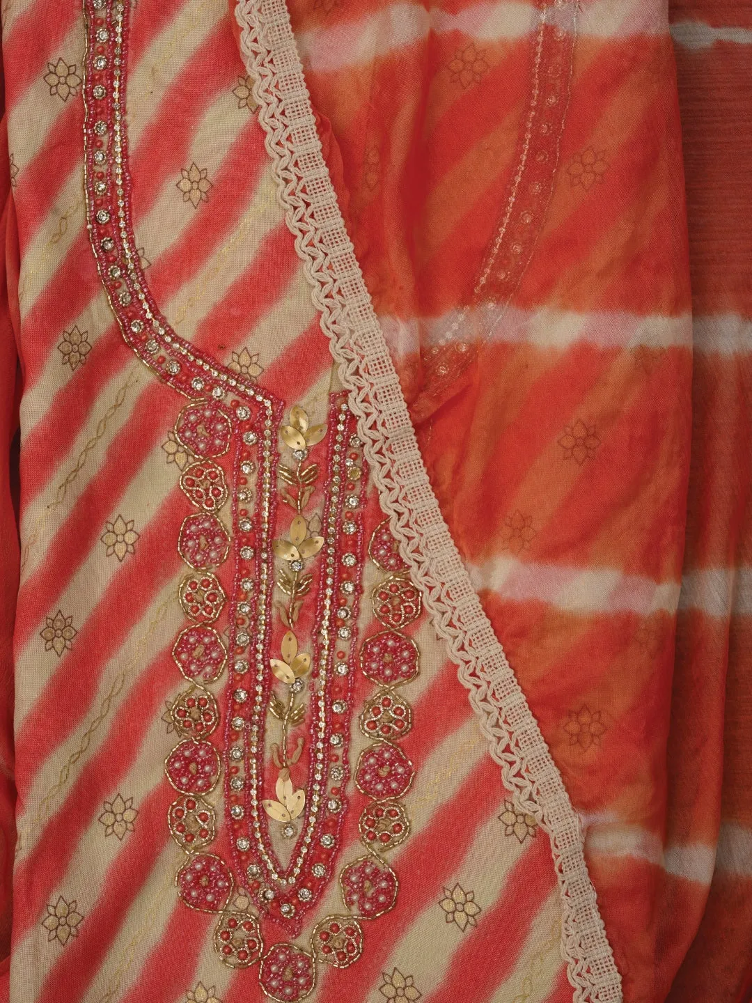 Leheriya Printed Embroidered Multicolor Dress Material with Dupatta