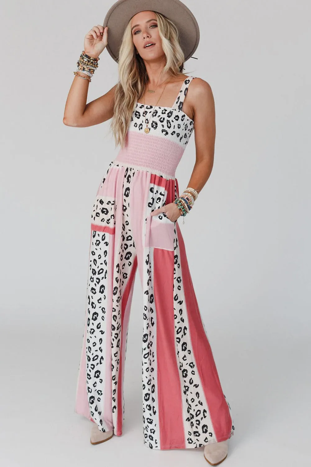 Leopard Color Block Mix Print Pocketed Jumpsuit