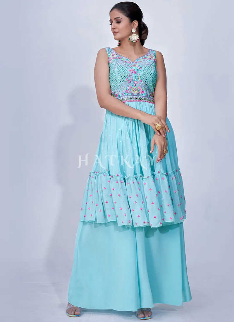 Light Blue Mirror Work Multi Embroidery Chiffon Palazzo Suit
