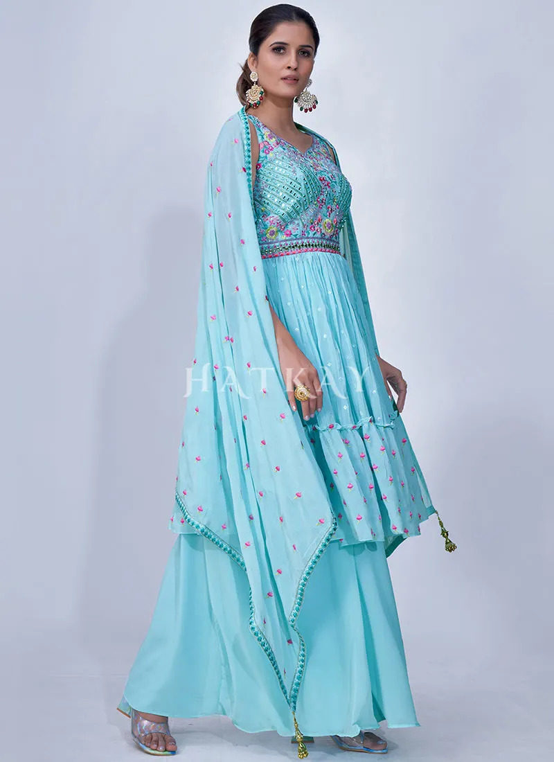 Light Blue Mirror Work Multi Embroidery Chiffon Palazzo Suit