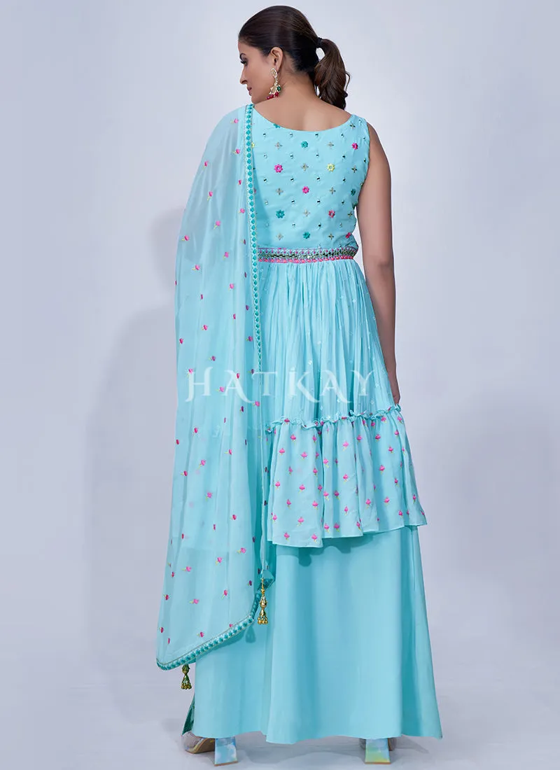 Light Blue Mirror Work Multi Embroidery Chiffon Palazzo Suit