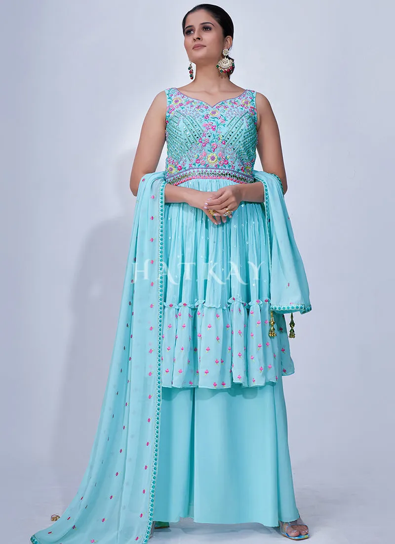 Light Blue Mirror Work Multi Embroidery Chiffon Palazzo Suit