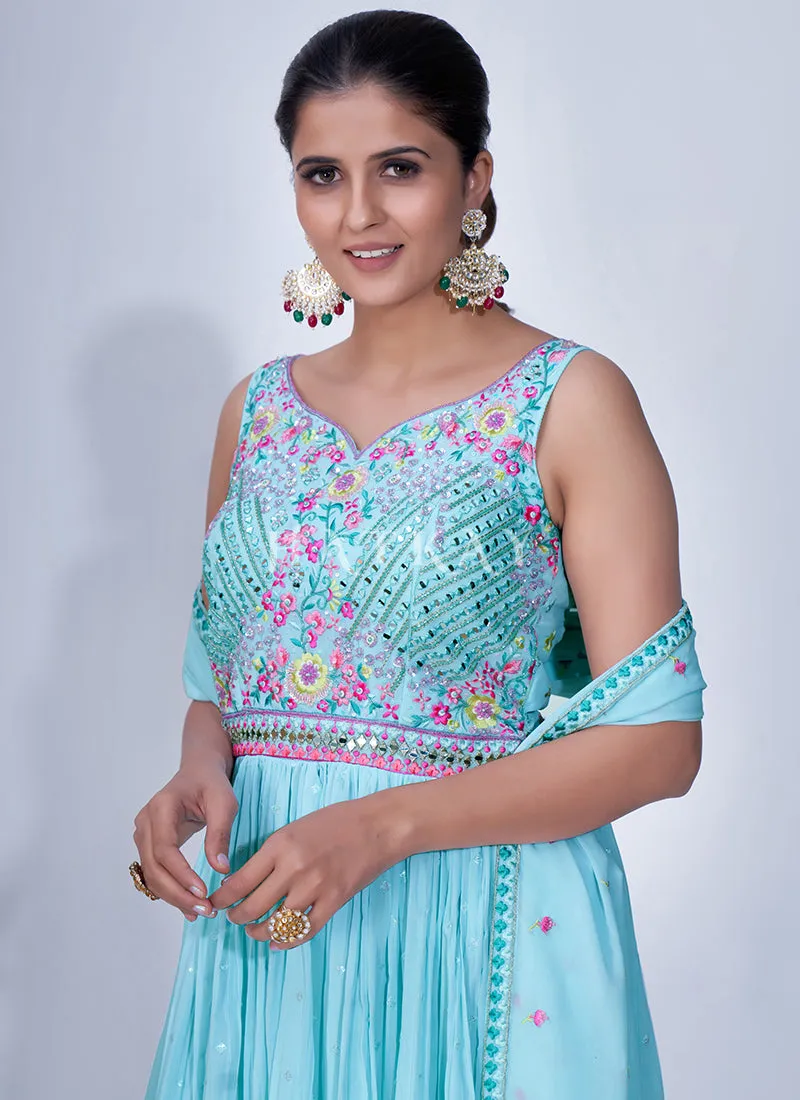 Light Blue Mirror Work Multi Embroidery Chiffon Palazzo Suit