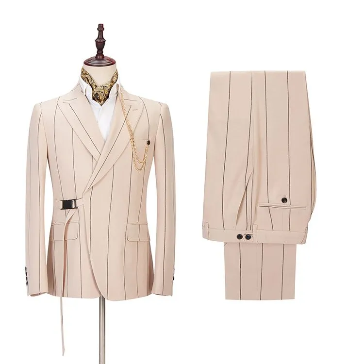 Light Champagne Designer Striped Peaked Lapel Men's Prom Suits