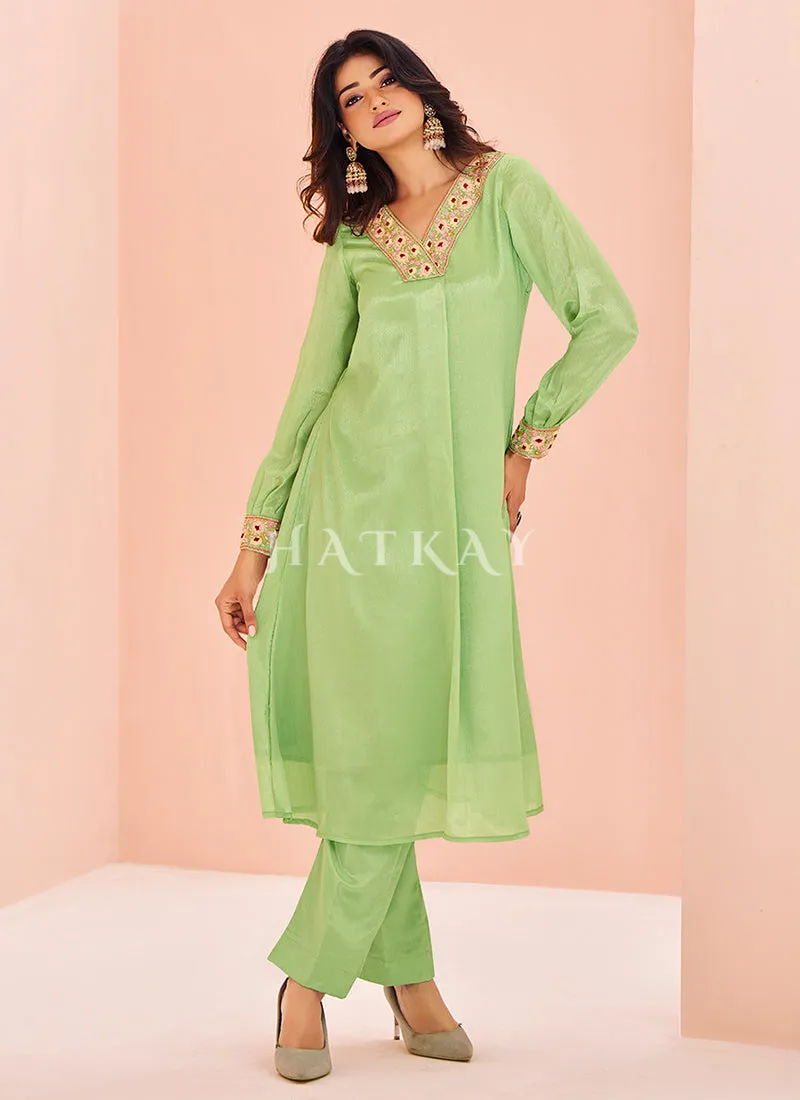 Light Green Handwork Kurta And Pant Suit