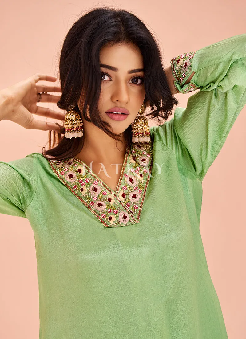 Light Green Handwork Kurta And Pant Suit