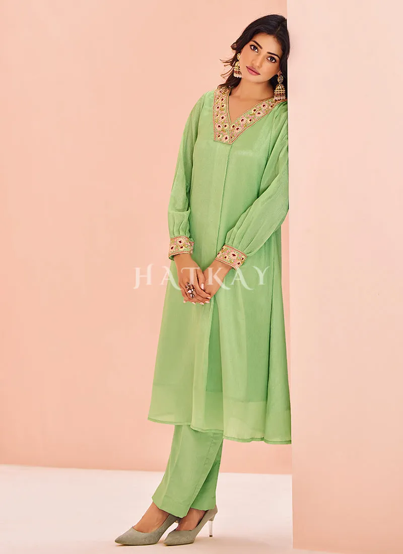 Light Green Handwork Kurta And Pant Suit