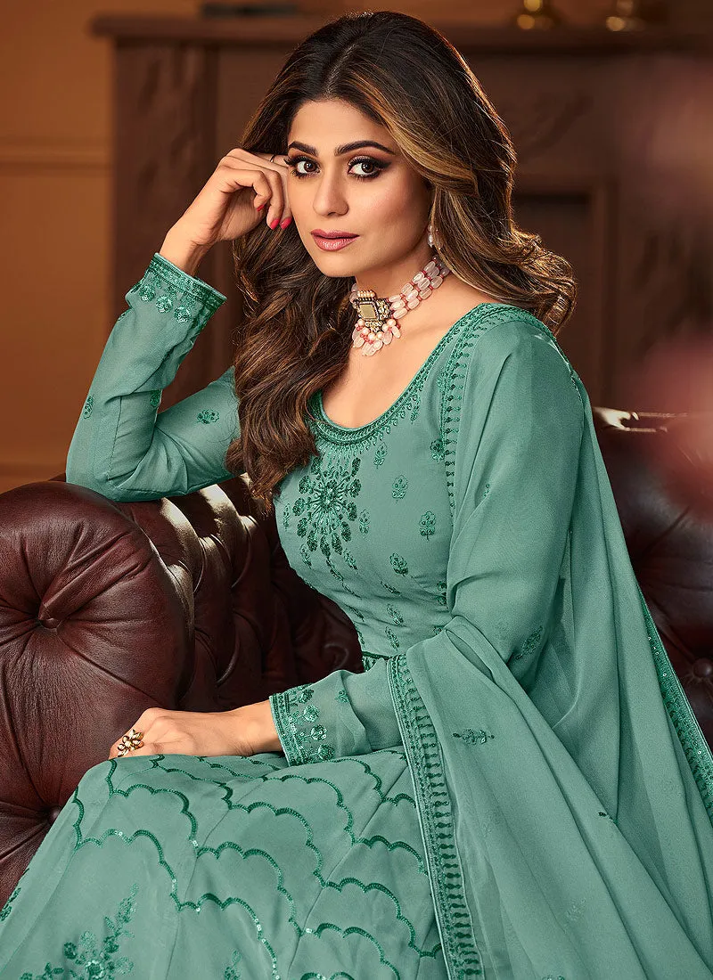 Light Green Lucknowi Embroidered Anarkali Suit