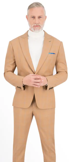 Light Marigold Brown with Blue Plaid Check Long Suit