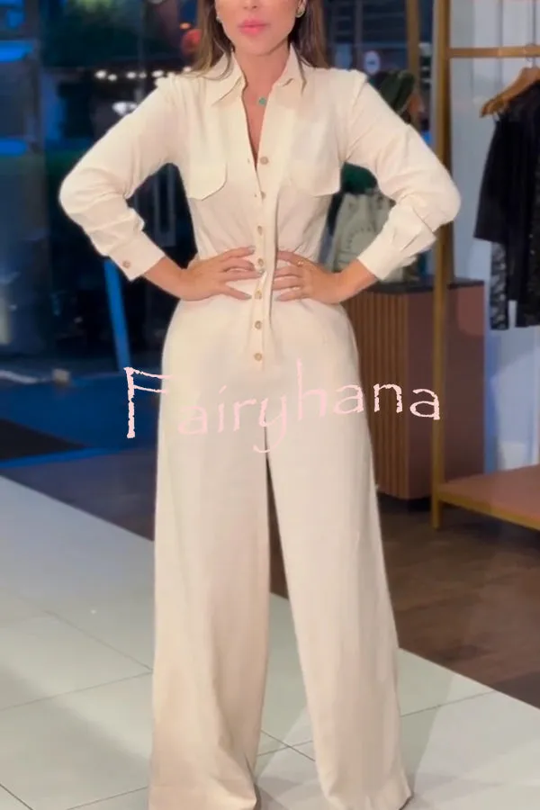 Linen Blend Lapel Long Sleeve Button Pocket Wide Leg Jumpsuit
