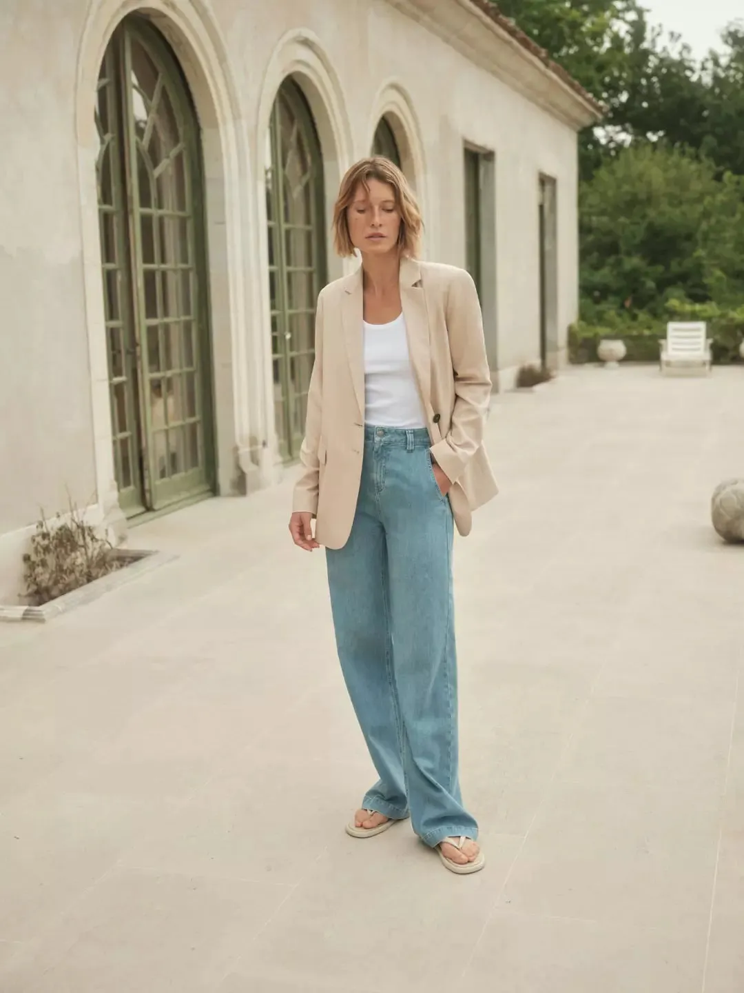 linen tencel cotton blazer in oatmilk