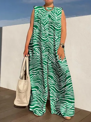 Loose Sleeveless Printed Split-Joint Zebra-Stripe Round-Neck Jumpsuits
