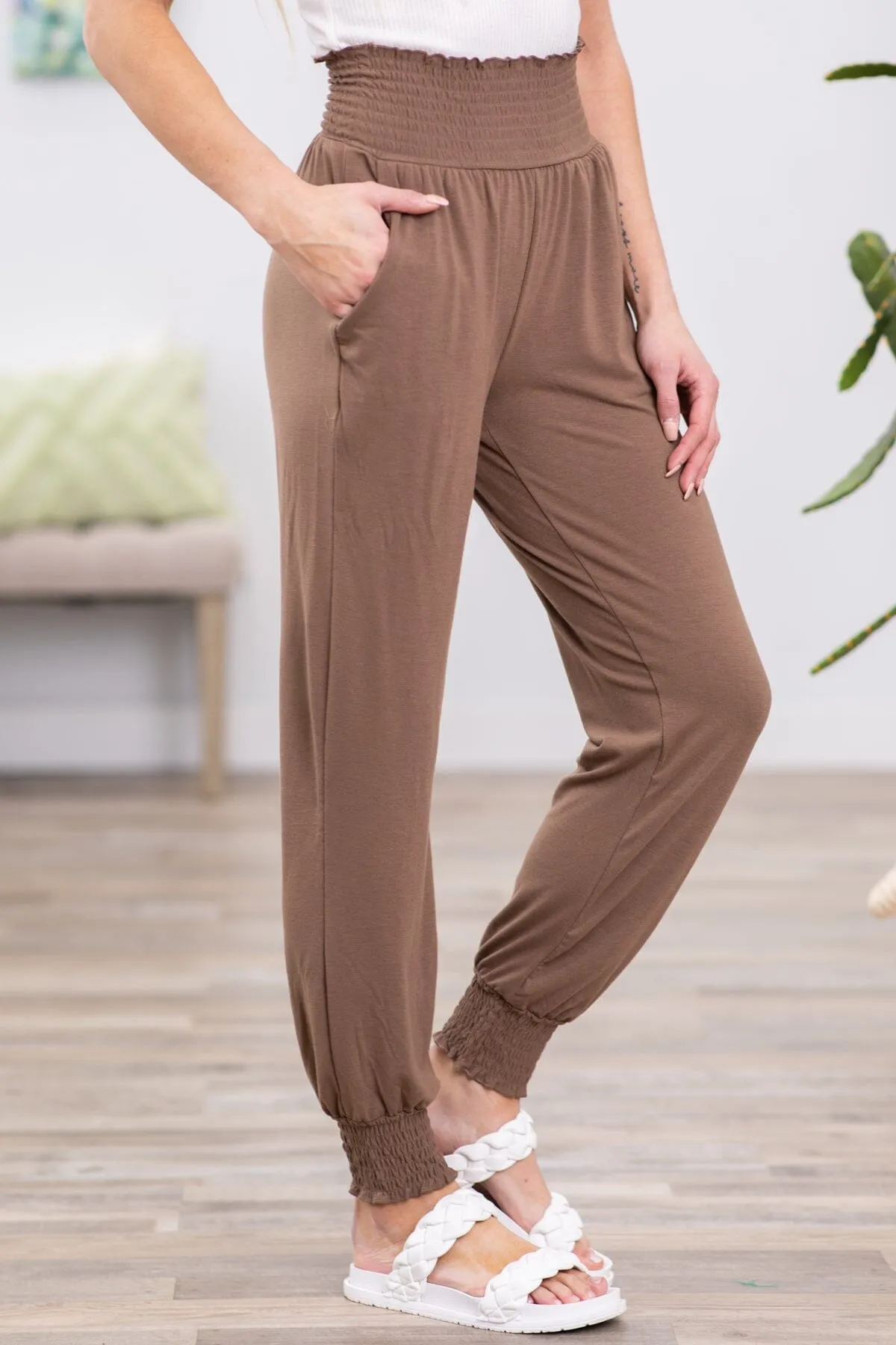 Mocha Smocked Waist Jogger Pants