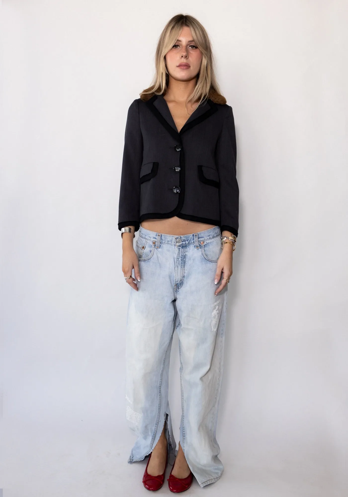 Moschino Gray Blazer with Fur Collar