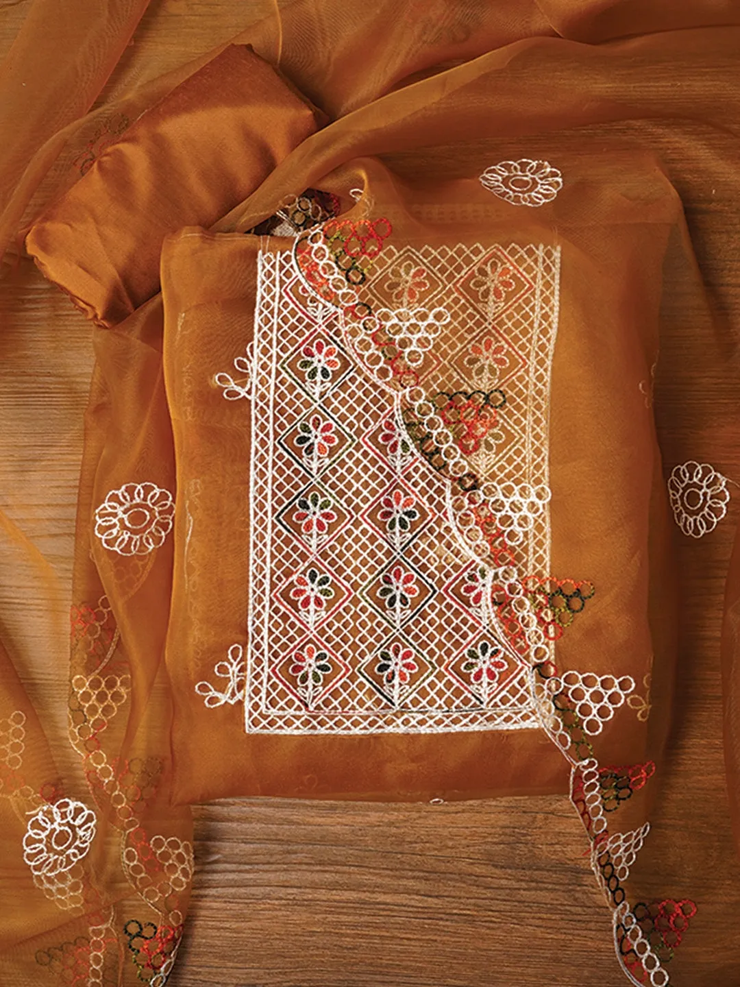 Mustard Zari Embroidered Organza Dress Material with Dupatta