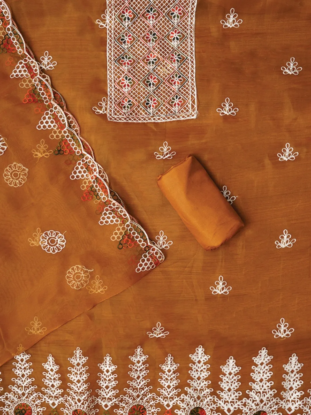 Mustard Zari Embroidered Organza Dress Material with Dupatta