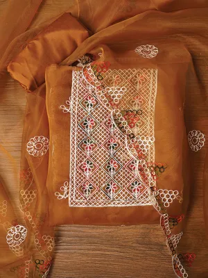 Mustard Zari Embroidered Organza Dress Material with Dupatta
