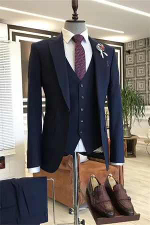 Navy Blue Peaked Lapel 3 Piece Formal Men's Business Suit