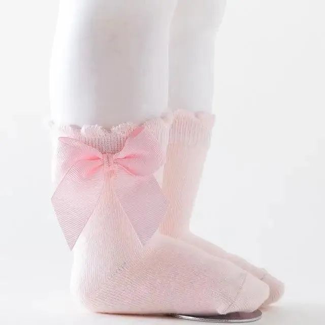 New Kids Socks Toddlers Girls Big Bow Knee High Quality Long Soft Autumn Winter 100% Cotton Lace Baby Tube Sock Baby Cotton Knee Socks Warm Big Bow Knot Baby Stockings Stylish Leg Warmer Soft Dance Socks