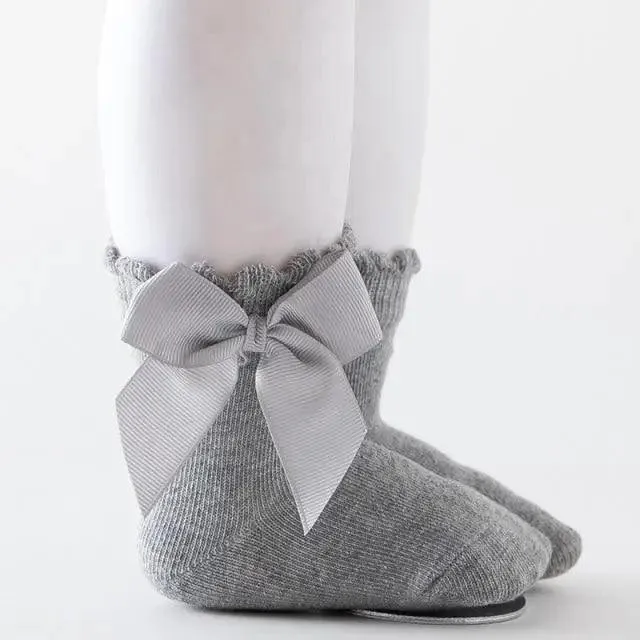 New Kids Socks Toddlers Girls Big Bow Knee High Quality Long Soft Autumn Winter 100% Cotton Lace Baby Tube Sock Baby Cotton Knee Socks Warm Big Bow Knot Baby Stockings Stylish Leg Warmer Soft Dance Socks