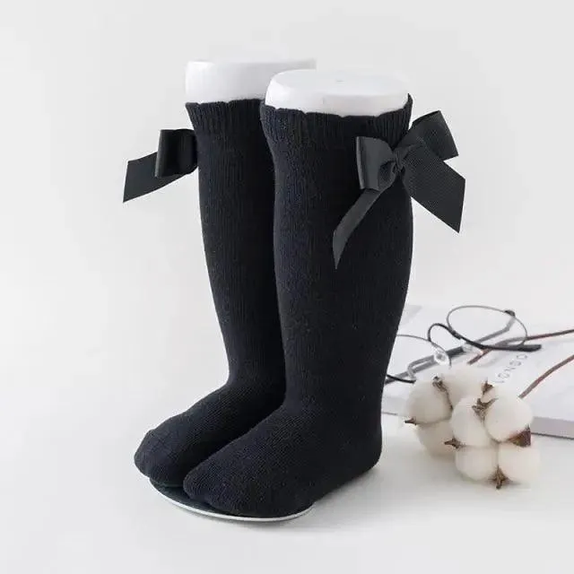New Kids Socks Toddlers Girls Big Bow Knee High Quality Long Soft Autumn Winter 100% Cotton Lace Baby Tube Sock Baby Cotton Knee Socks Warm Big Bow Knot Baby Stockings Stylish Leg Warmer Soft Dance Socks