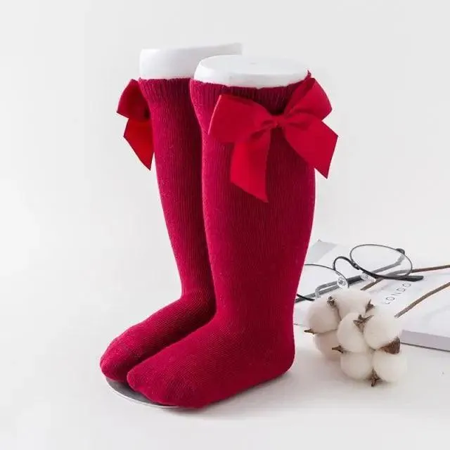 New Kids Socks Toddlers Girls Big Bow Knee High Quality Long Soft Autumn Winter 100% Cotton Lace Baby Tube Sock Baby Cotton Knee Socks Warm Big Bow Knot Baby Stockings Stylish Leg Warmer Soft Dance Socks