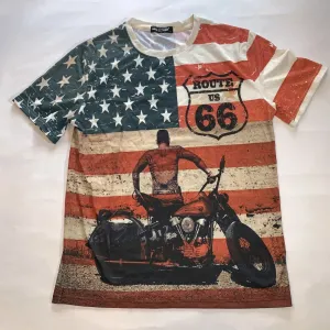 NEW Mega Linia Route 66 US Patriotic American Flag Graphic T Shirt, Tag Says XL, Fits like L