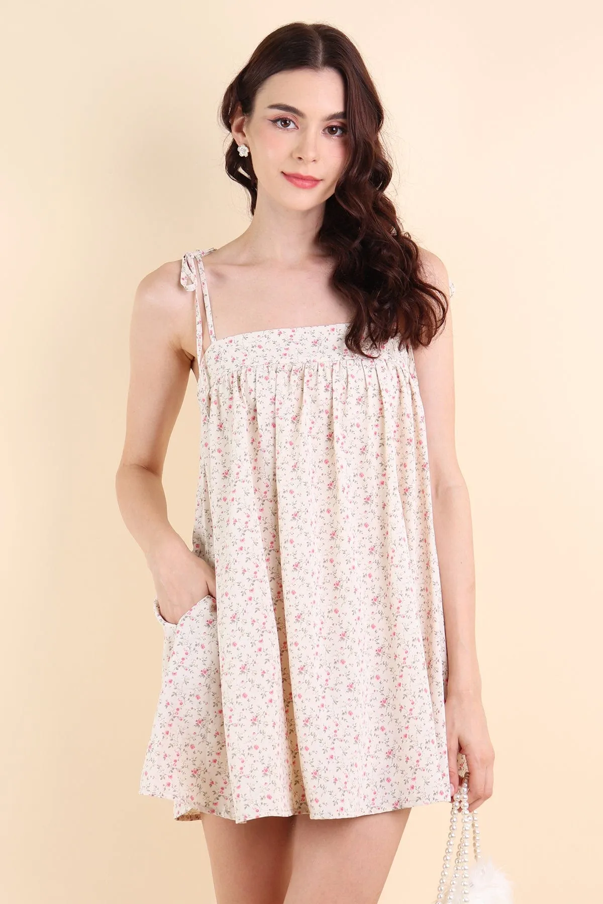ODETTE FLORAL TRAPEZE ROMPER DRESS IN CREAM