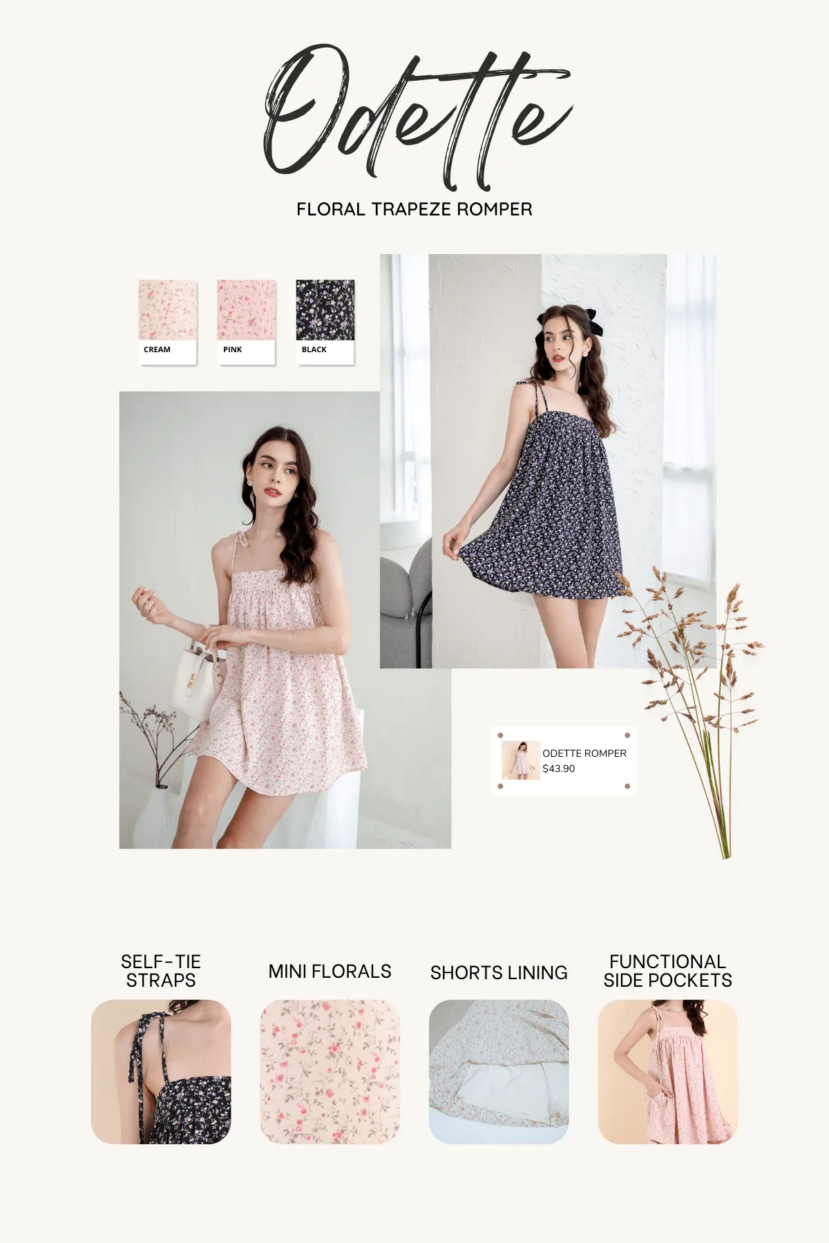 ODETTE FLORAL TRAPEZE ROMPER DRESS IN CREAM
