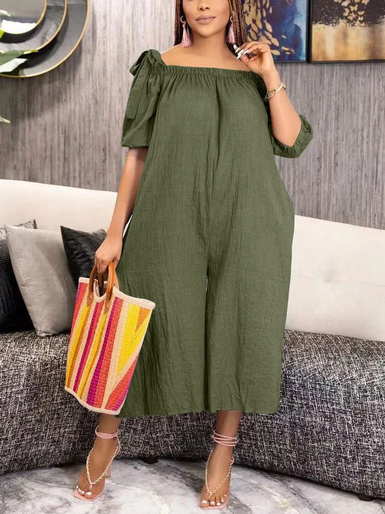 Off Shoulder Pockets Loose Jumpsuit