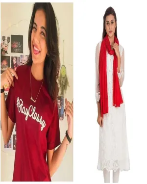 Pack of 2 - Red Printed T-Shirt With Red Cotton Stole