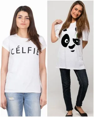 Pack Of 2 - White Cotton Printed Tshirt For Women